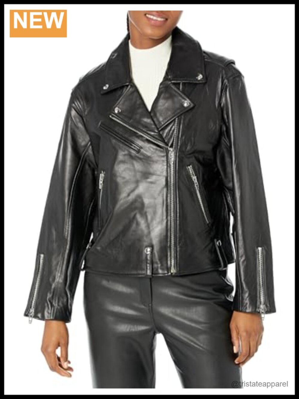 Real Leather Moto Jacket Women's Long Sleeve Zip Closure Notch Collar Fall